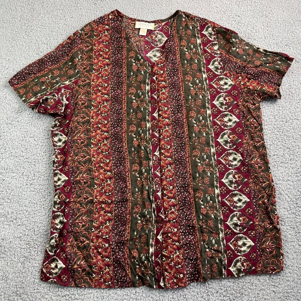 Capistrano Top Women Size 22W Red Brown Button Front Boho Rayon USA Aztec Tribal